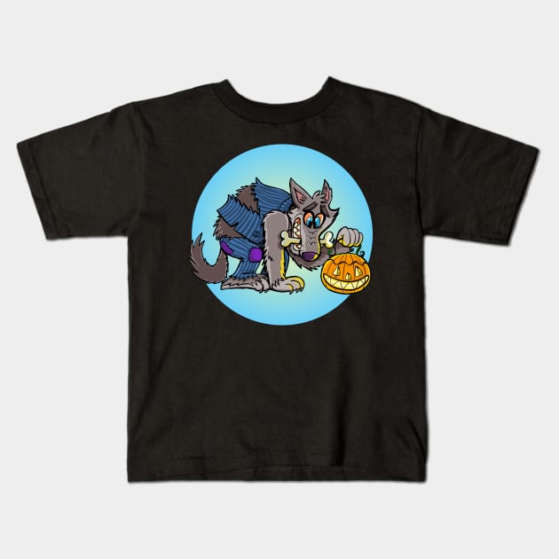 funny werewolf is holding a pumpkin lamp for Halloween Kids T-Shirt by duxpavlic